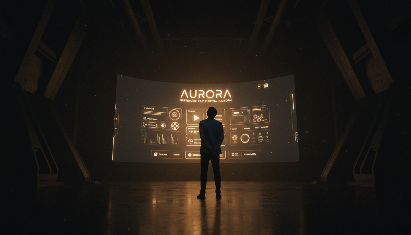 A solitary viewer facing a luminous cinematic interface in a dark hall.